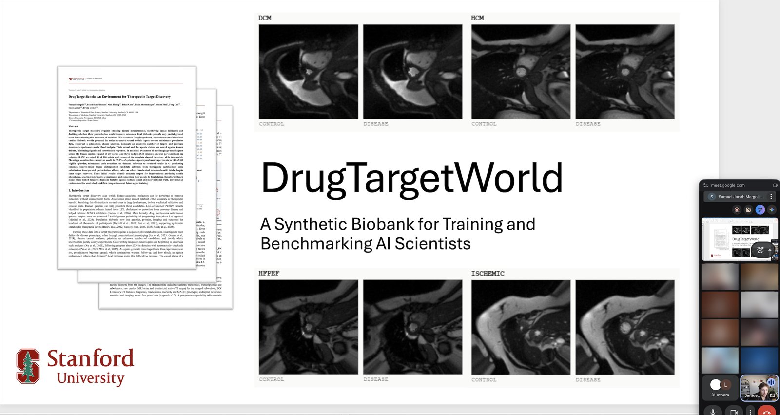 Title slide: DrugTargetWorld, A Synthetic Biobank for Training and Benchmarking AI Scientists, with control and disease cardiac MRI for DCM, HCM, HFpEF and ischemic disease
